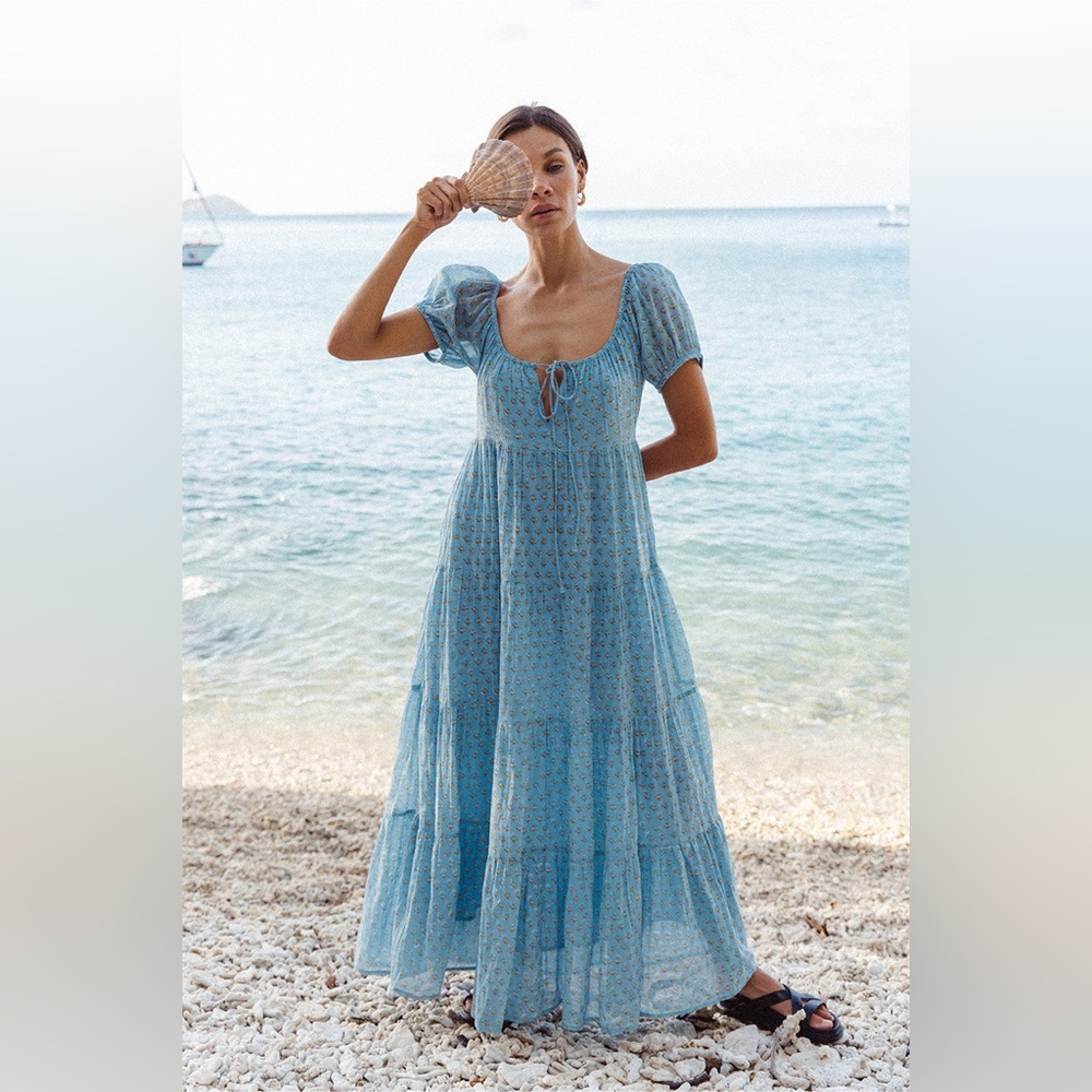 Daughters of India Powder Blue Floral Tie-Front Maxi Dress